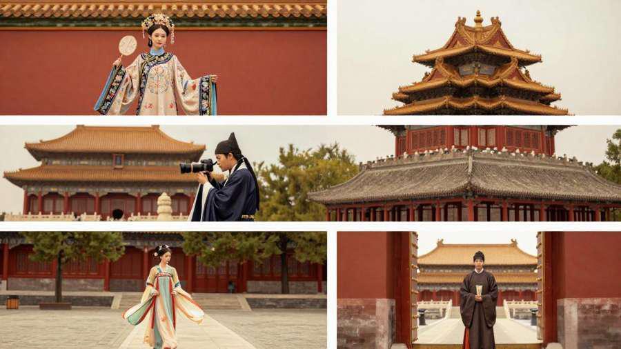 Beautiful woman wearing traditional Hanfu dress taking photos at Beijing Forbidden City - Chinese imperial costume experience