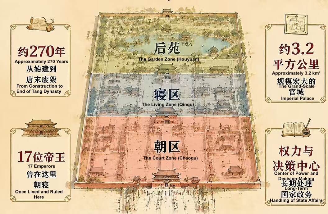 Daming Palace central axis layout Danfeng Gate to Taiye Pool 大明宫中轴线